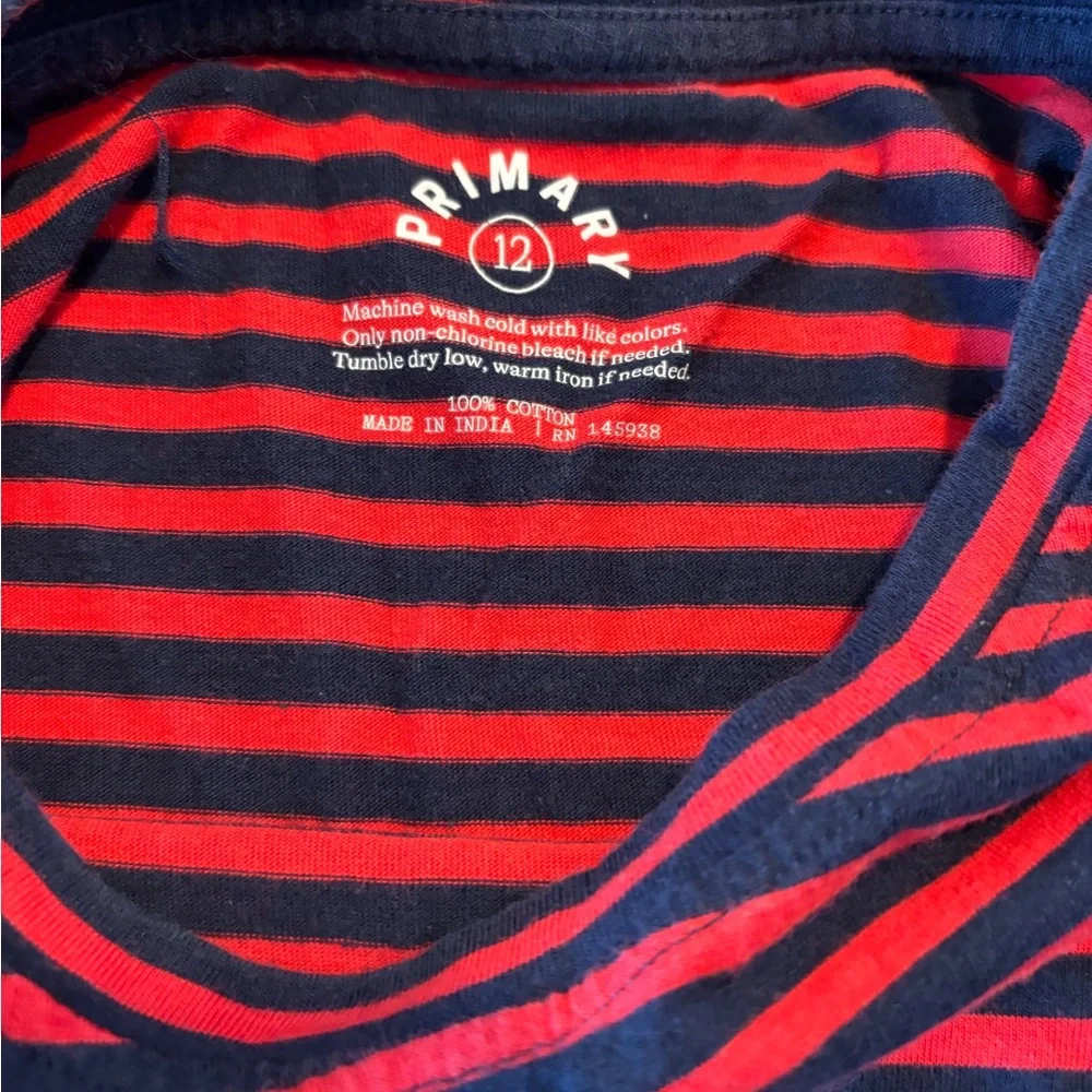 Primary Red/navy Kids long sleeve twirly dress mini stripe. Long sleeve Tee SZ12